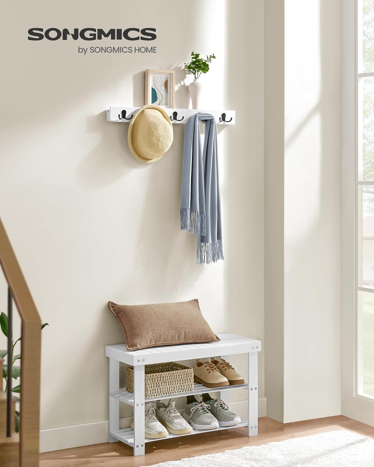 SONGMICS Set multifunctional pentru hol cu banca pentru pantofi si cuier, din bambus, 29x70x45 cm, alb