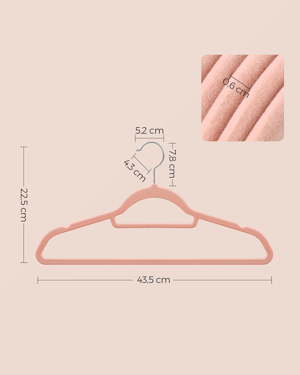 Set de 50 de umerase pentru haine, anti-alunecare cu catifea, bara de cravata si carlig pivotant, 43,5 cm, roz deschis