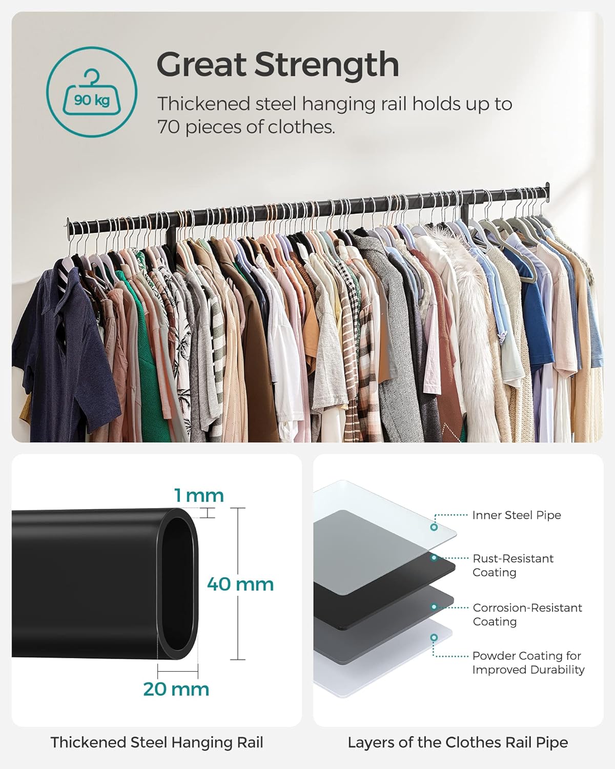 SONGMICS Suport pentru haine cu sina superioara extensibila, pe roti, reglabil pe latime, 45x(92-132)x160cm, negru