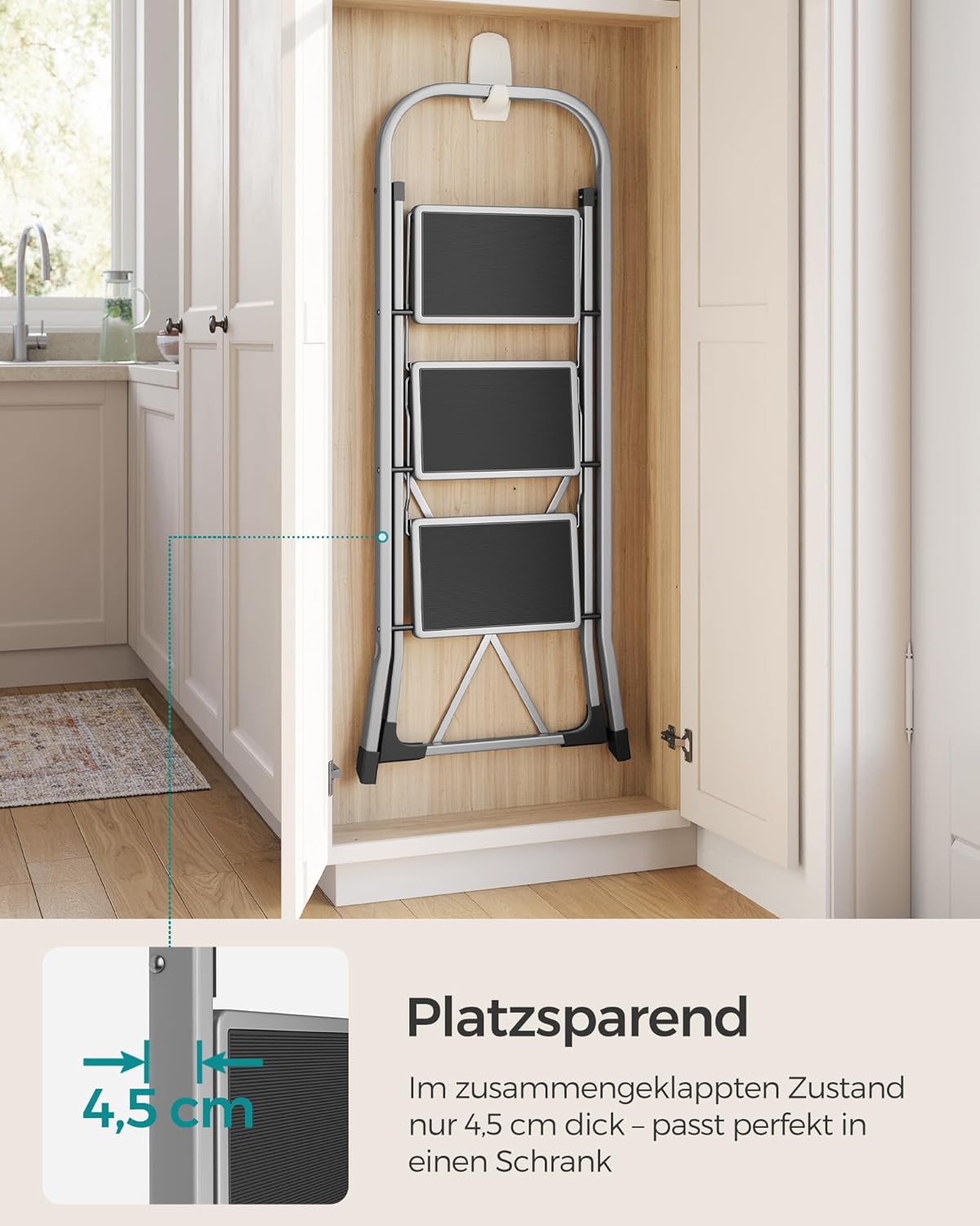 SONGMICS Scara pliabila cu 3 trepte, cauciuc antiderapant, sarcina 150 kg, otel, 47x75x105cm, gri si negru