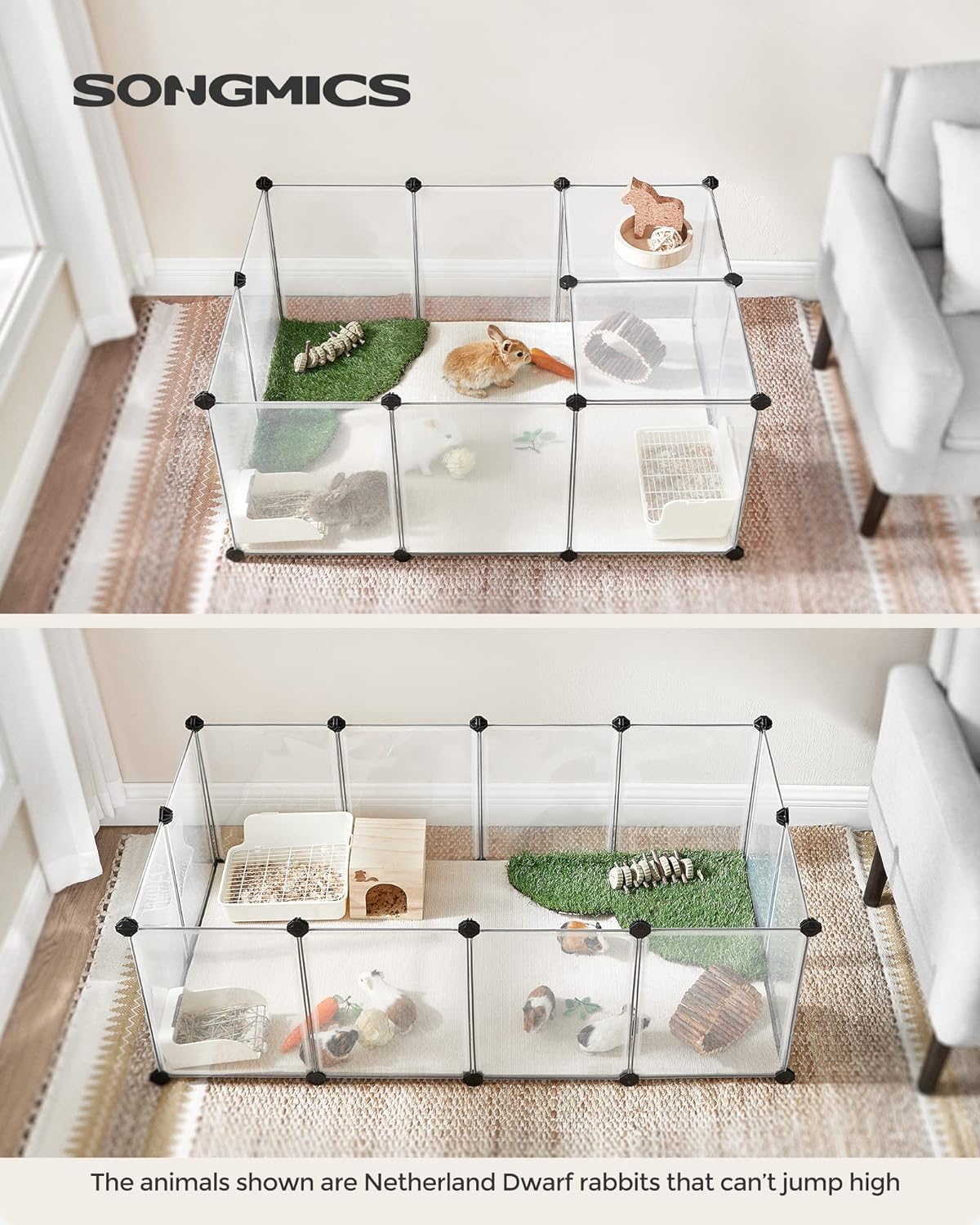 SONGMICS Tarc pentru animale mici rozatoare, din plastic, modulara, 125x63x42 cm, alb