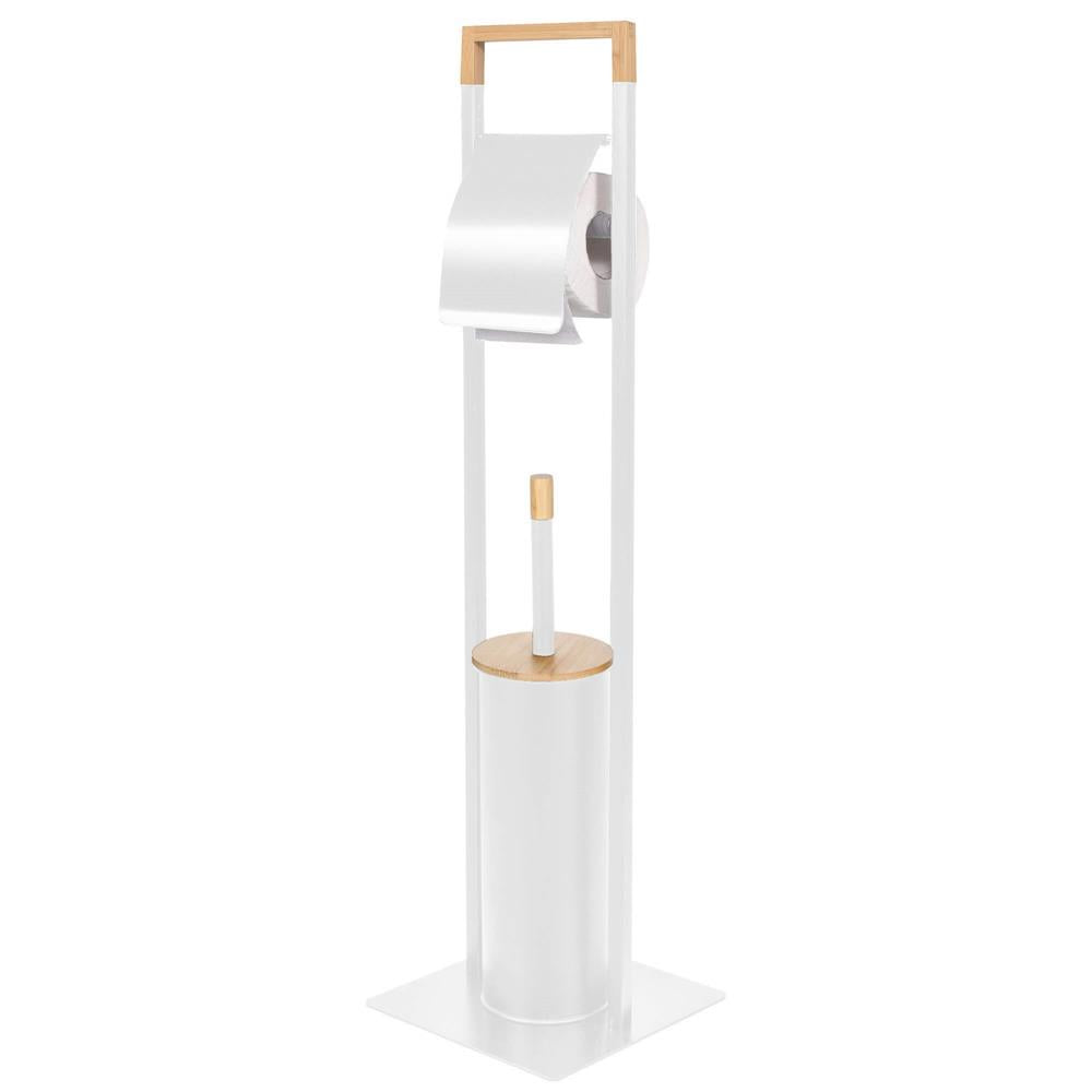 Stand cu perie WC si suport hartie igienica, metal si bambus, 76cm, alb perla