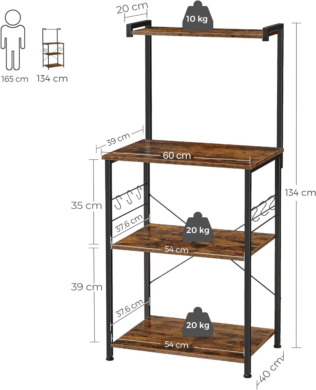 VASAGLE Raft de bucatarie cu spatiu pentru cuptorul cu microunde, 4 rafturi, otel, industrial, 40x54x134cm, maro retro si negru