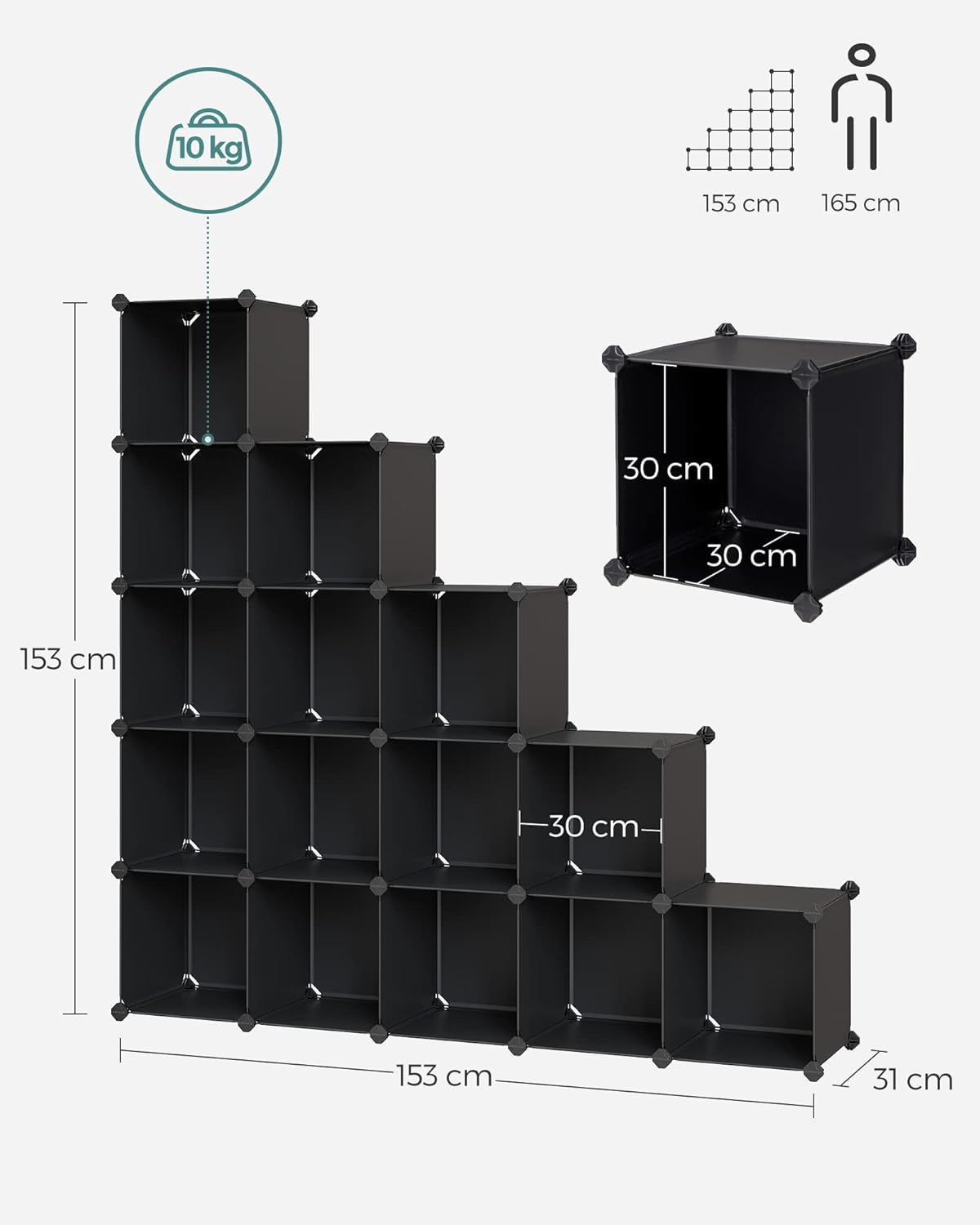 SONGMICS Unitate de depozitare cu 16 cuburi, pentru pantofi sau haine, personalizabil, 31x123x123 cm, negru