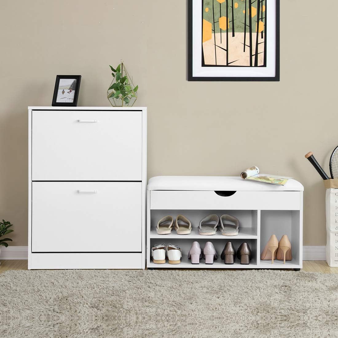 VASAGLE Dulap pantofi cu 2 usi rabatabile, din MDF, pentru 8-12 perechi, 60x24x84cm, alb
