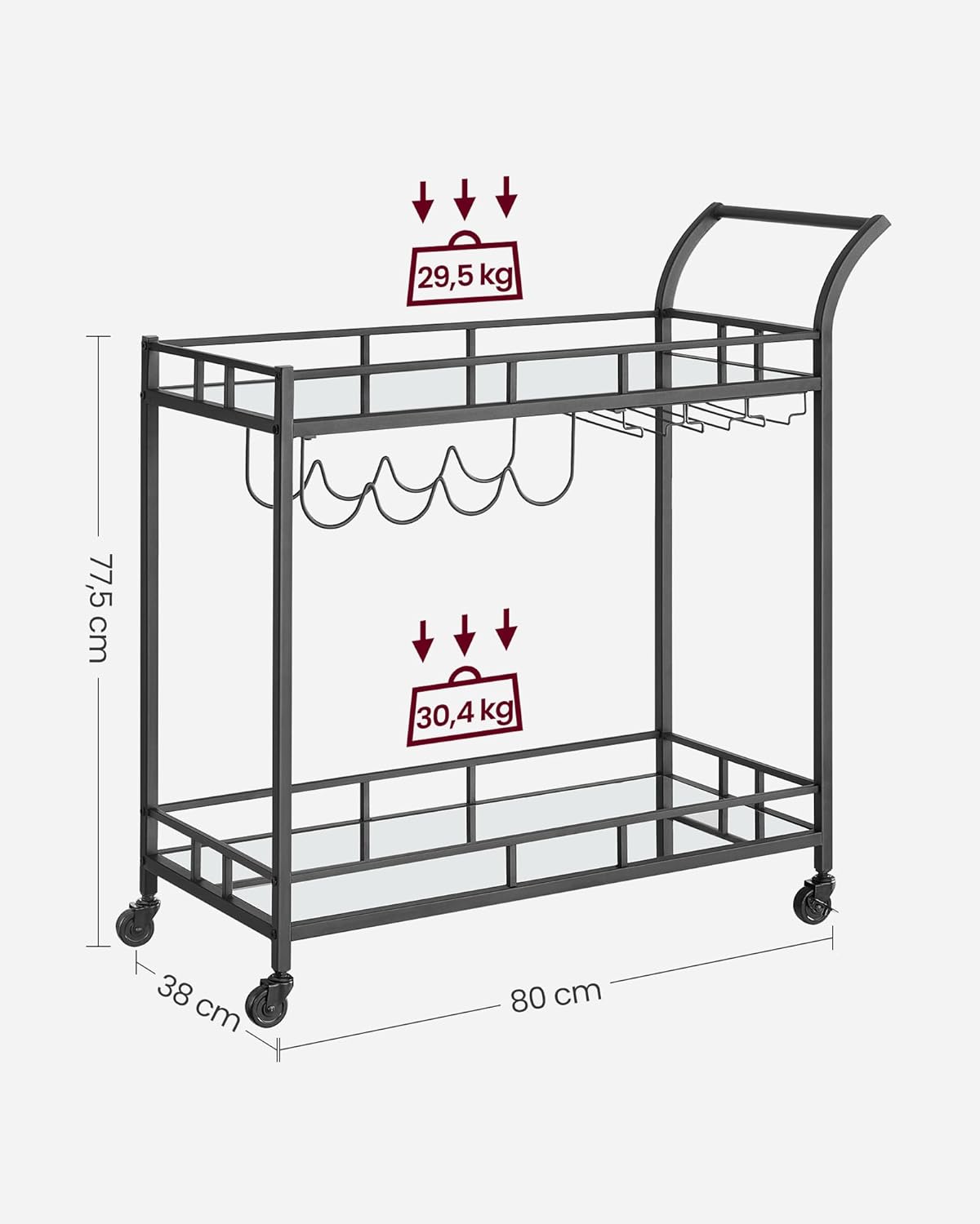 VASAGLE Carucior de servire pentru vin, suport sticle si pahare, cu 2 rafturi din sticla, 38x86x90 cm, negru