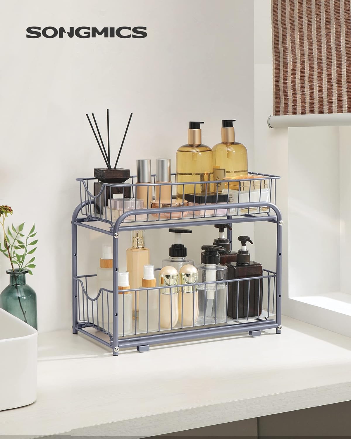 SONGMICS Raft organizator de depozitare cu 2 niveluri, cu sertare glisante, pentru bucatarie sau baie, 21x37x34cm, argintiu