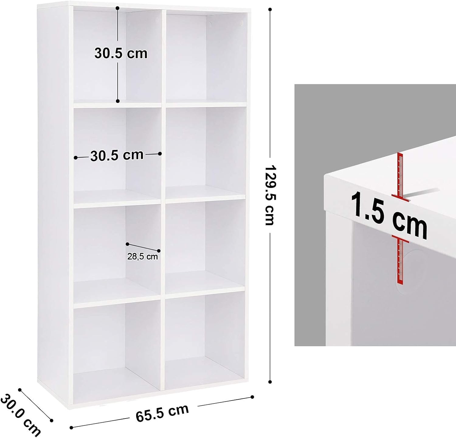 VASAGLE Biblioteca, raft cu 8 unitati de depozitare, pentru living, din lemn, 30x130x66cm, alb