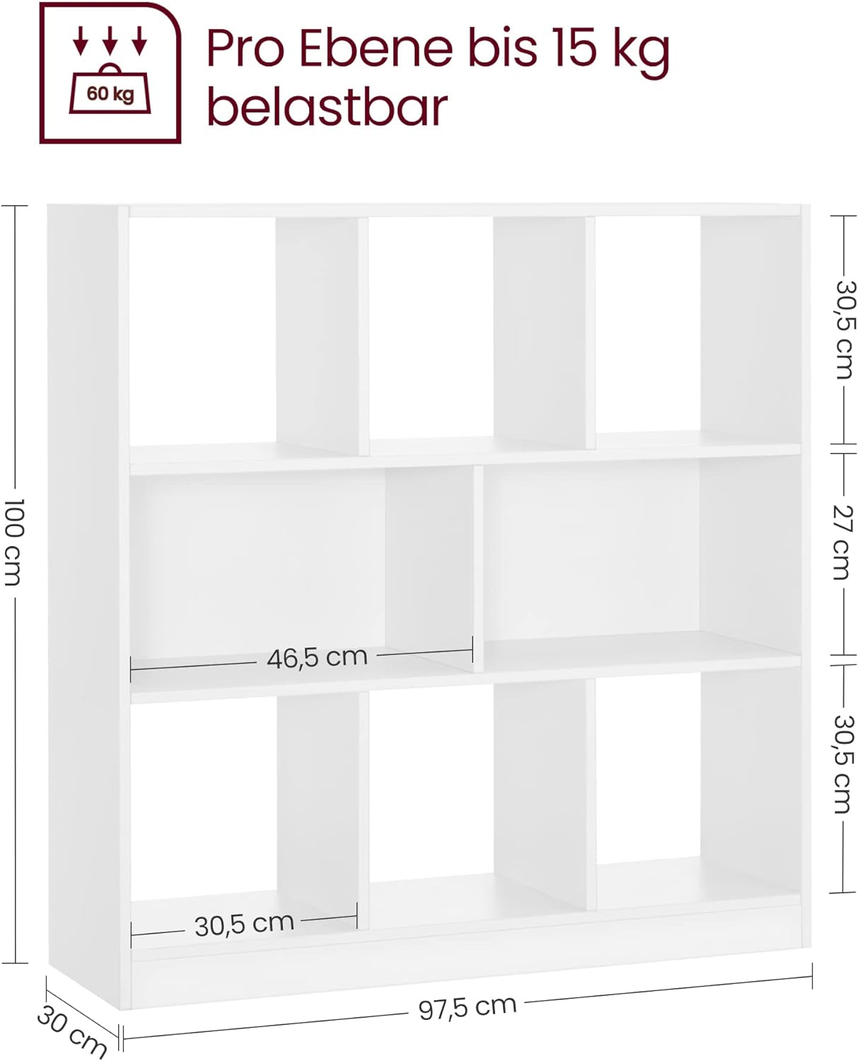 VASAGLE Biblioteca, raft cu 8 unitati de depozitare, pentru living, din lemn, 30x98x100cm, alb