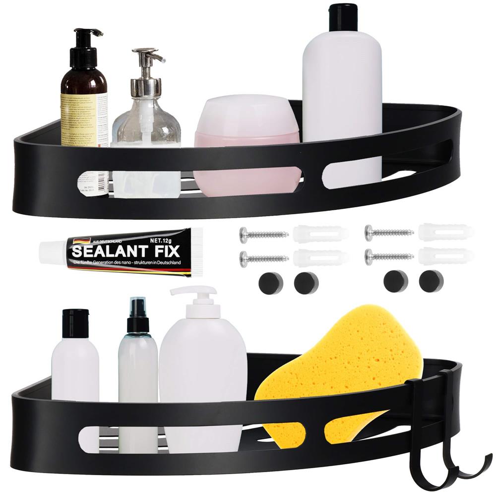 Set de 2 rafturi de baie pentru colt cu 2 sisteme instalare pe perete, aluminiu, 27x20x4cm, negru