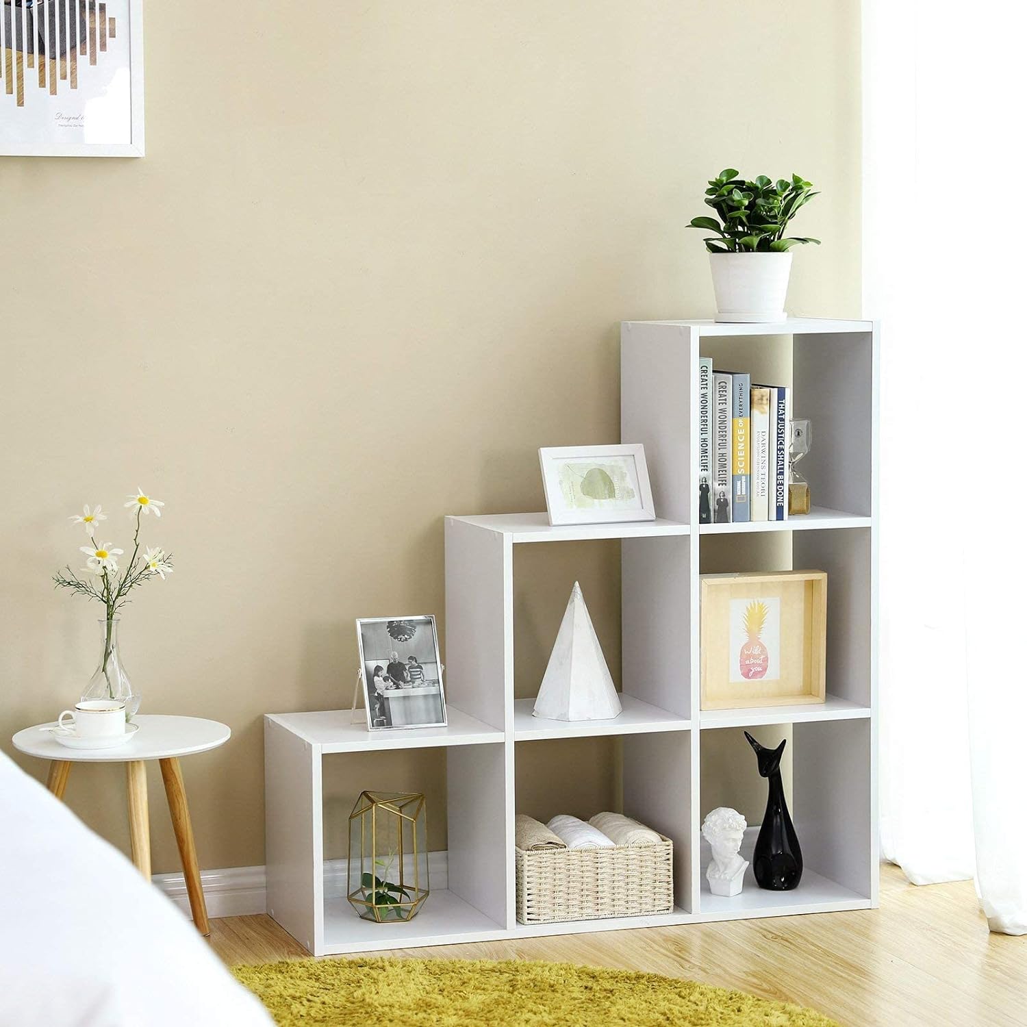 VASAGLE Biblioteca cu 6 compartimente, unitate de depozitare pentru decoratiuni, din lemn, 29x98x98cm, alb