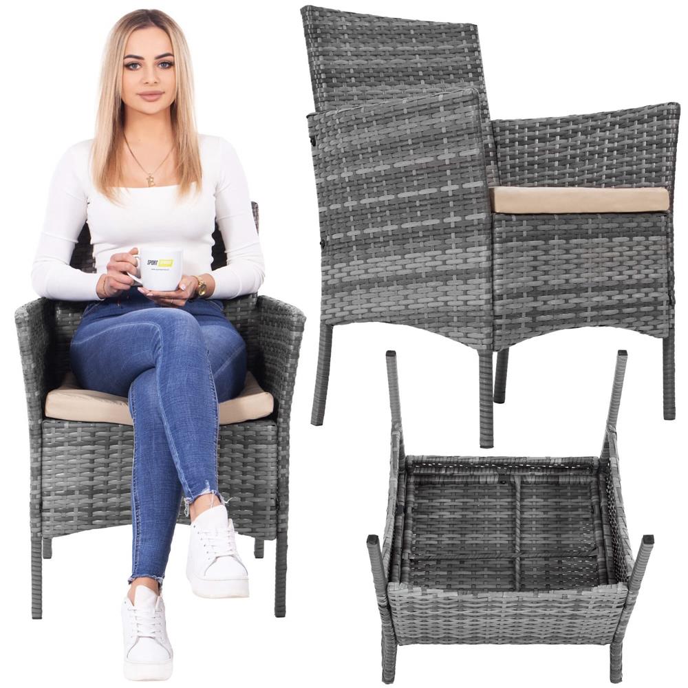 Set mobilier terasa, din tehnorattan, masa cu blat sticla securizata, 2 fotolii si 1 canapea cu perne, gri