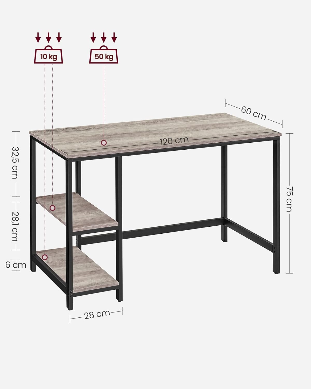 VASAGLE Birou cu 2 rafturi pe stanga sau dreapta, cadru din otel, 60x120x75cm, industrial, gri stejar - 3