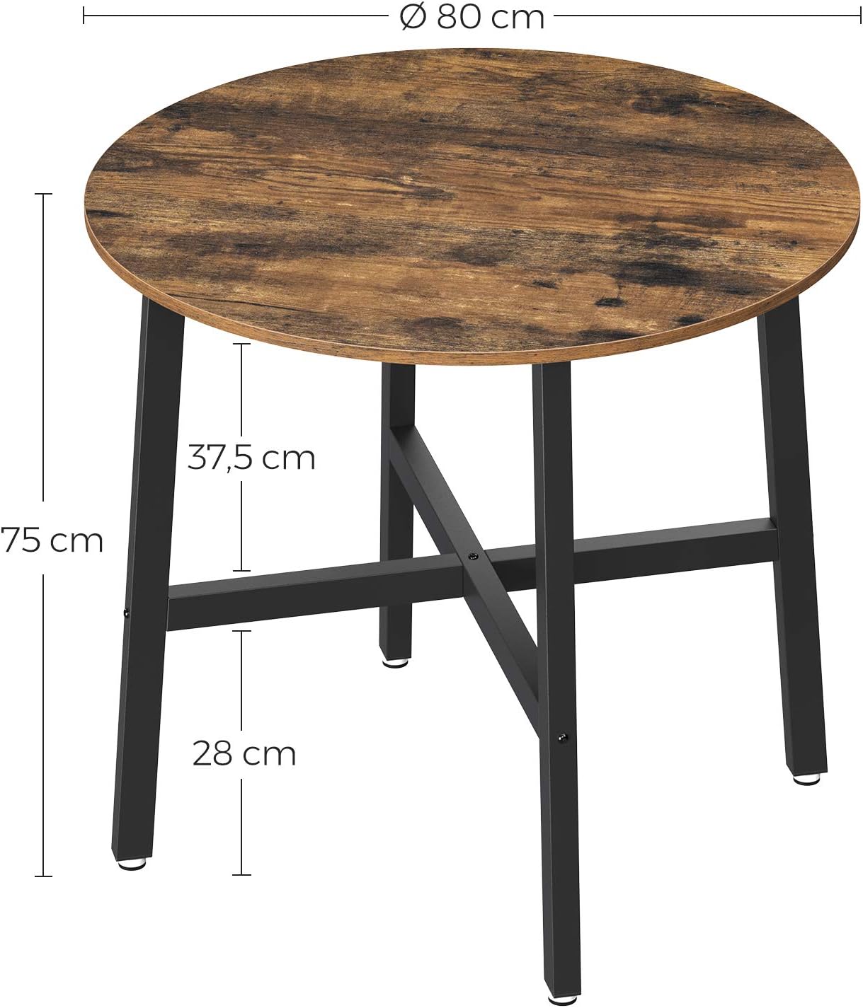 VASAGLE Masa rotunda de bucatarie sau living, stil industrial, 80 x 75 cm (diametru x inaltime), maro rustic