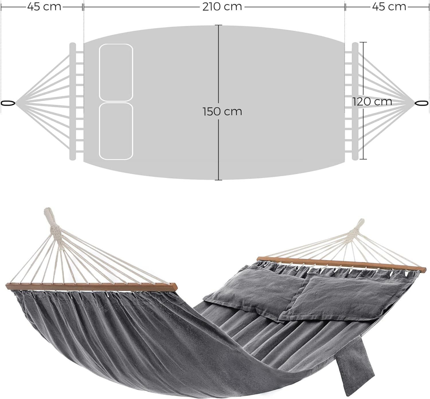 SONGMICS Hamac dublu cu bara stabilizatoare din lemn, 2 perne, 210x150cm, maxim 300kg, gri