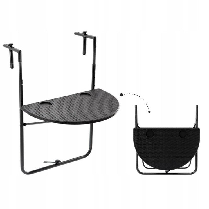 Masa de balcon pliabila, inaltime reglabila, imitatie ratan, suporturi pahare, semicerc, 64x60x83cm, negru