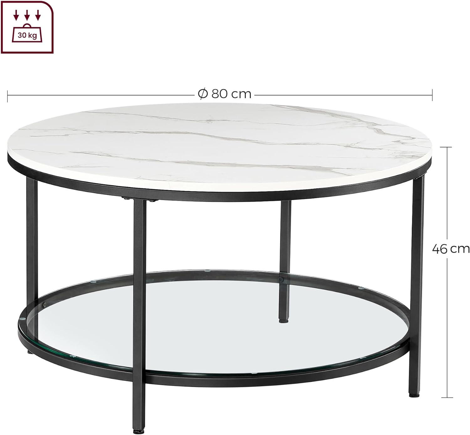 VASAGLE Masa de cafea rotunda cu blat din imitatie de marmura, polita suplimentara din sticla, 80x45cm, alb si negru