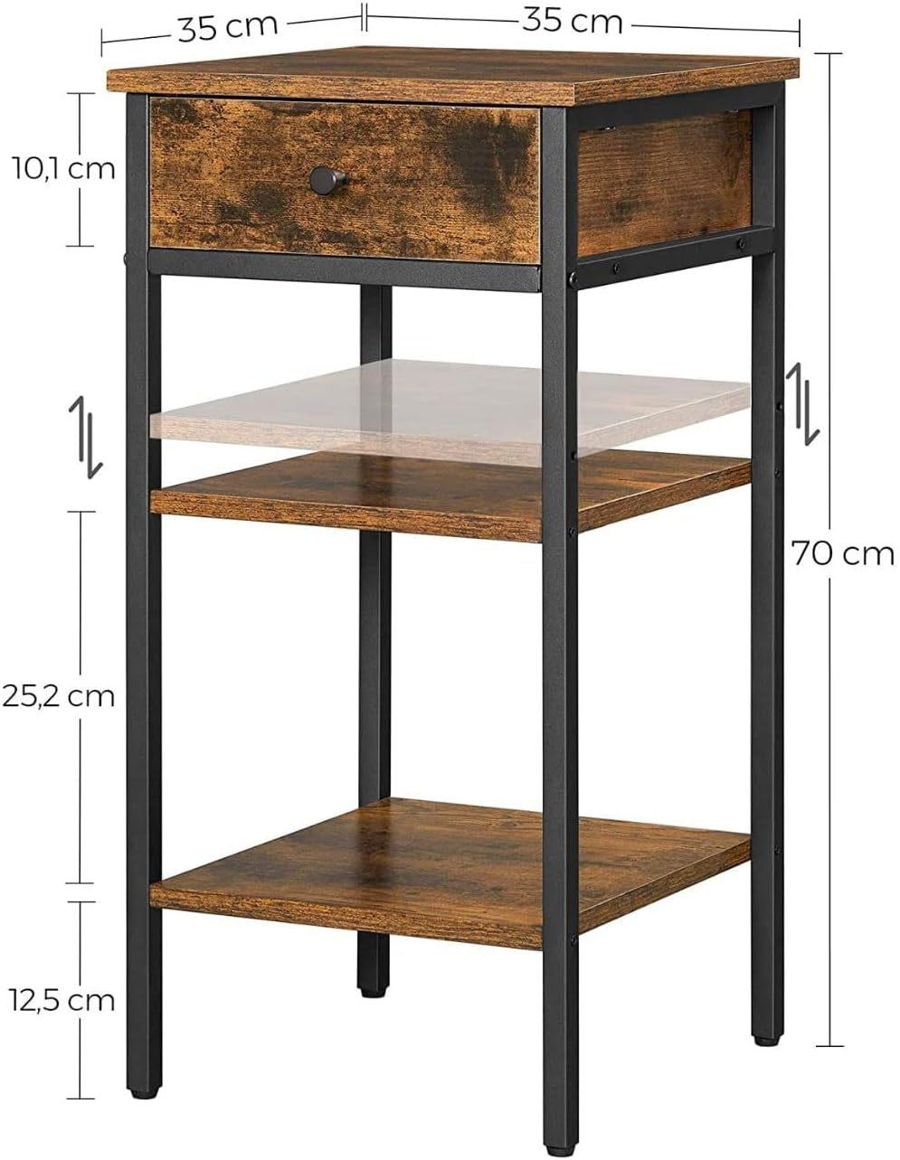 VASAGLE Noptiera inalta cu sertar si 2 rafturi de depozitare, stil industrial, 35x35x70cm, maro rustic si negru