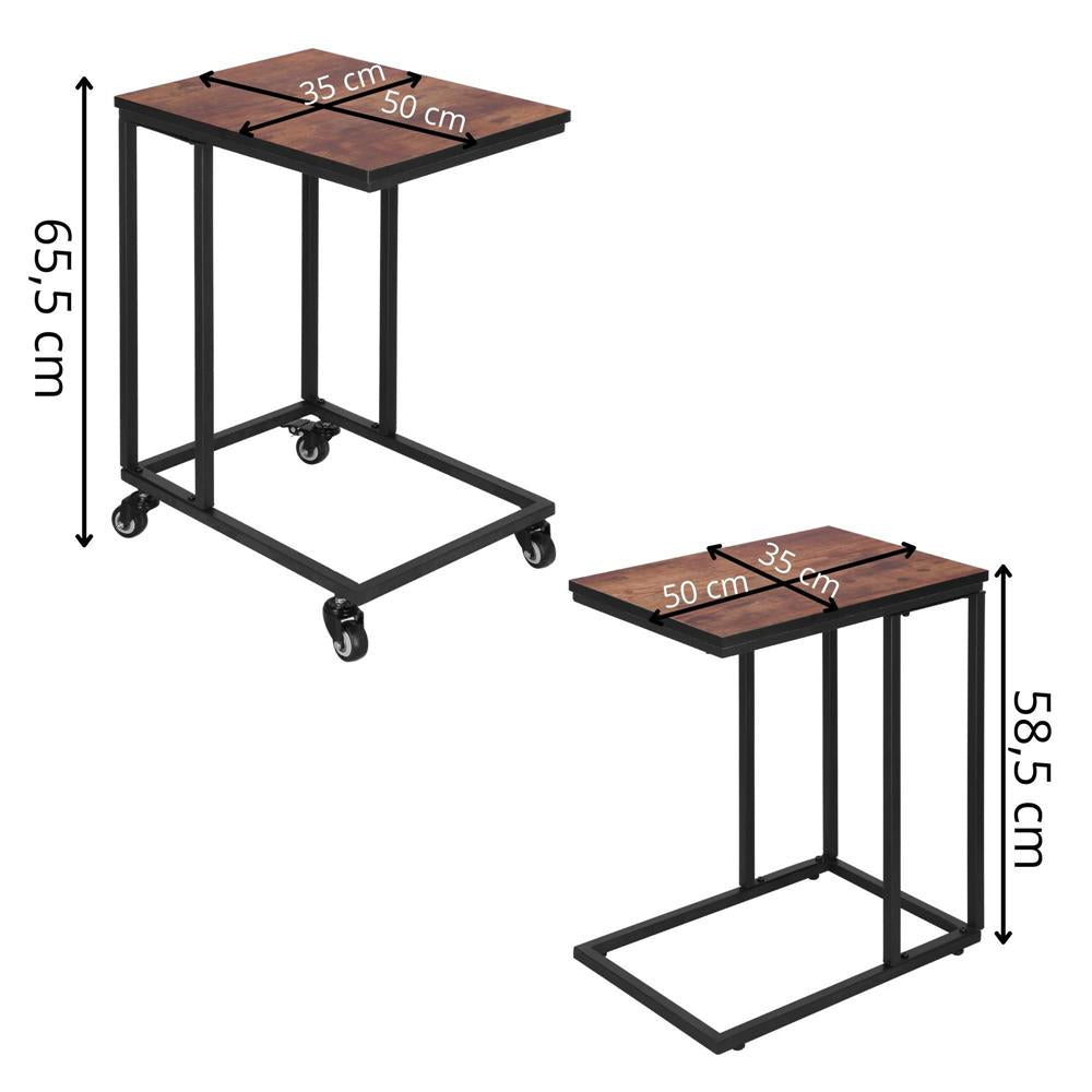 Masuta de cafea, cu cadru de otel si roti, industrial, 35x50x66 cm, maro wenge