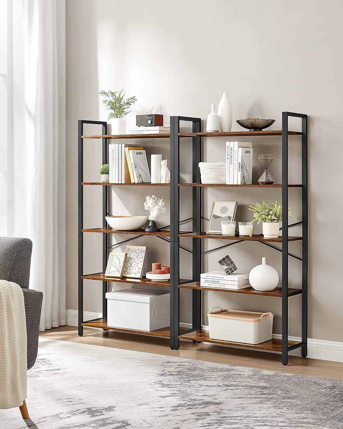 VASAGLE Biblioteca cu 5 etaje din lemn, cadru otel, stil industrial, 30x66x153cm, maro rustic si negru