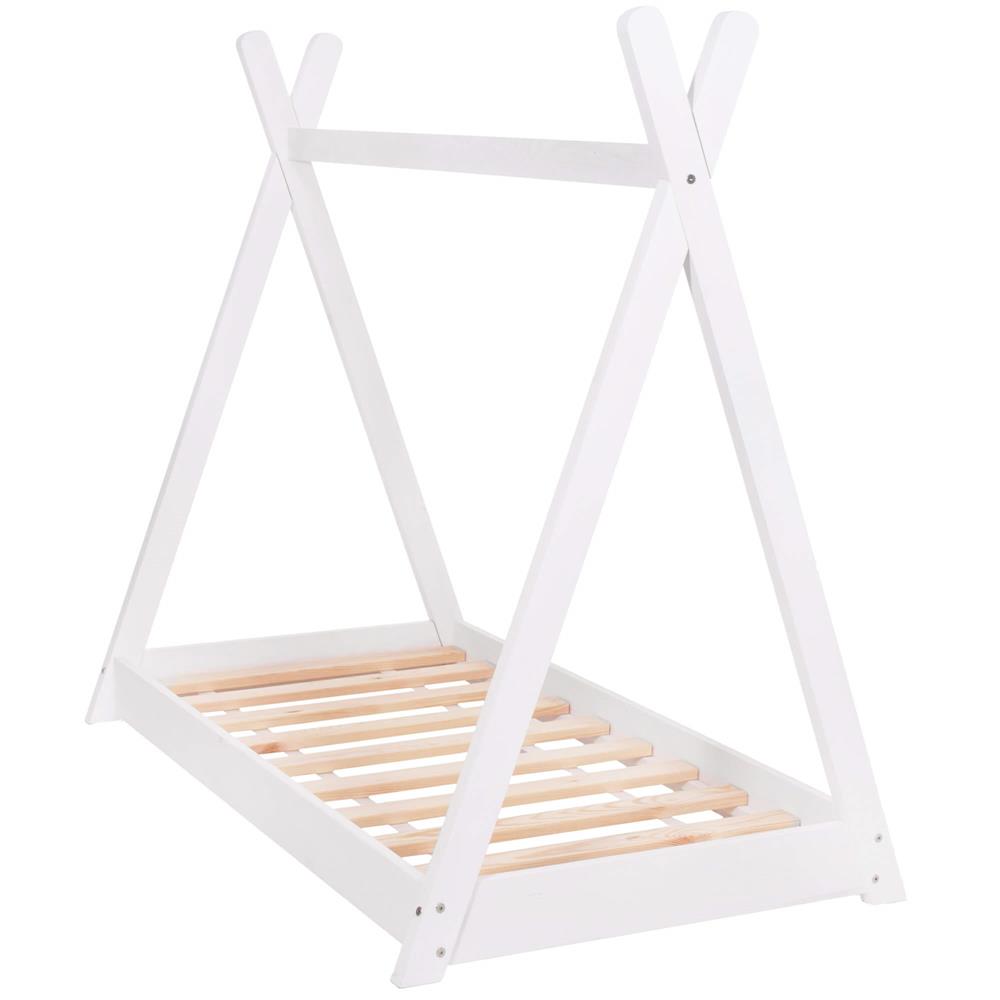 Pat din lemn pentru copii, model TeePee, somiera inclusa, 61x146x130 cm, alb