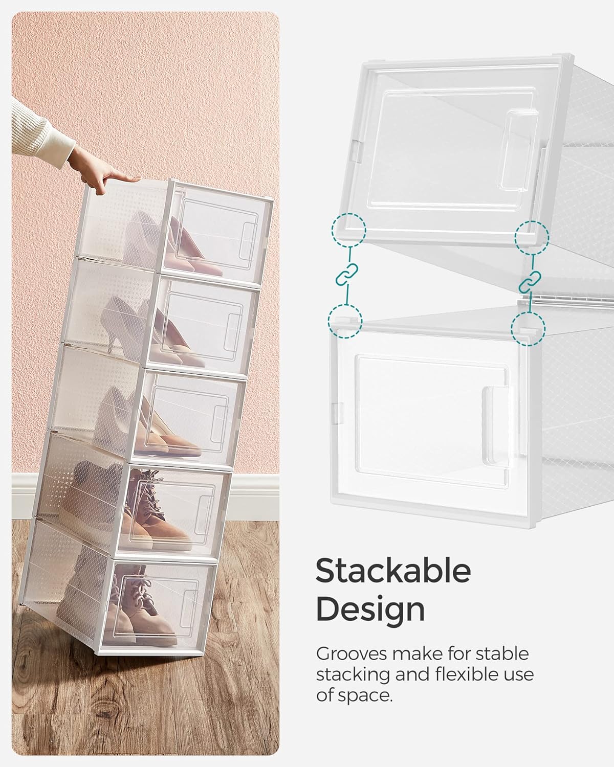 Cutii de pantofi, set de 12 organizatoare stivuibile, structura rezistenta ABS, 35x25x19cm, transparent