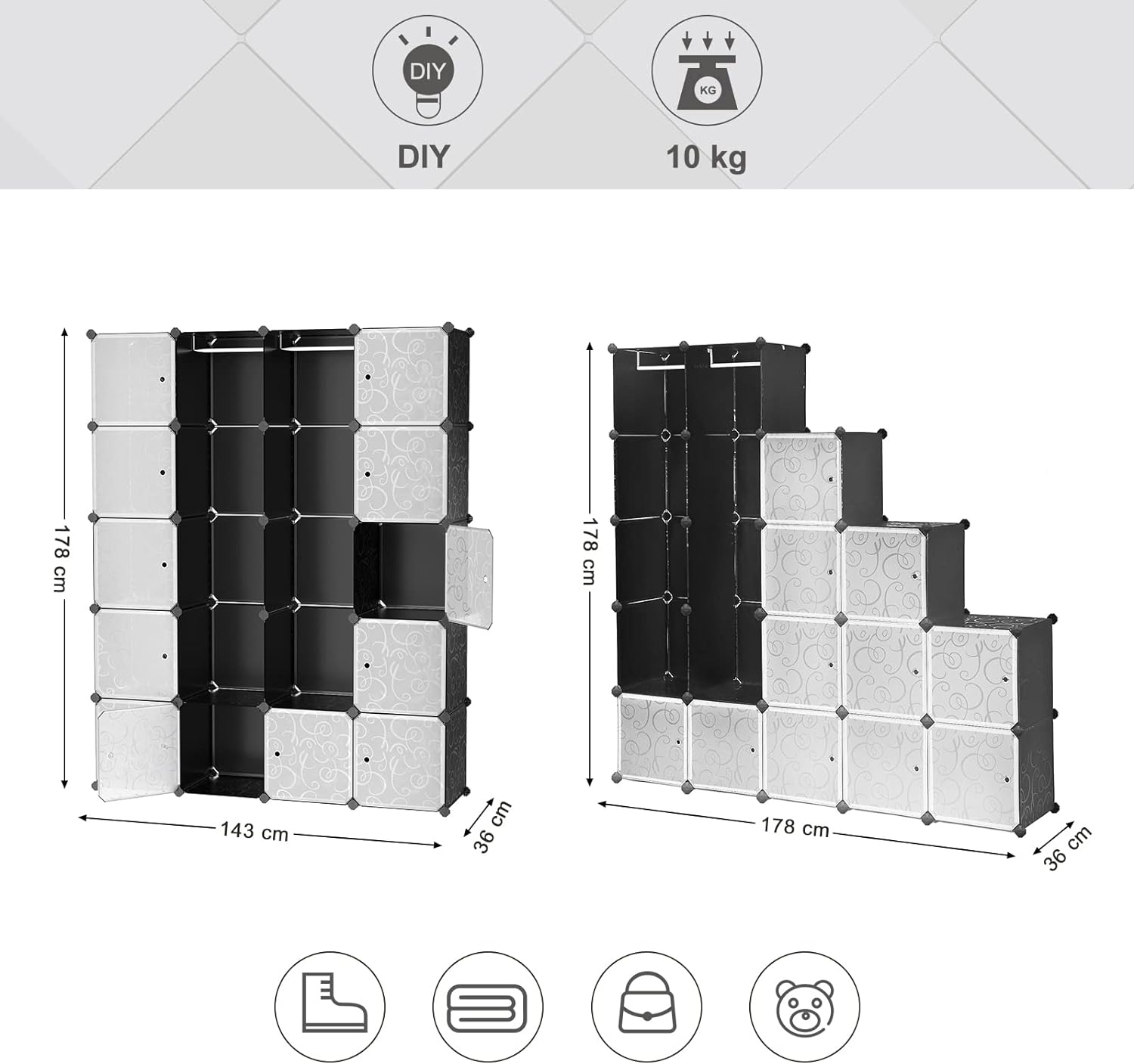 SONGMICS Dulap de depozitare modular, 12 compartimente inchise, 2 sine pentru umerase, 178x143x36cm, negru si alb