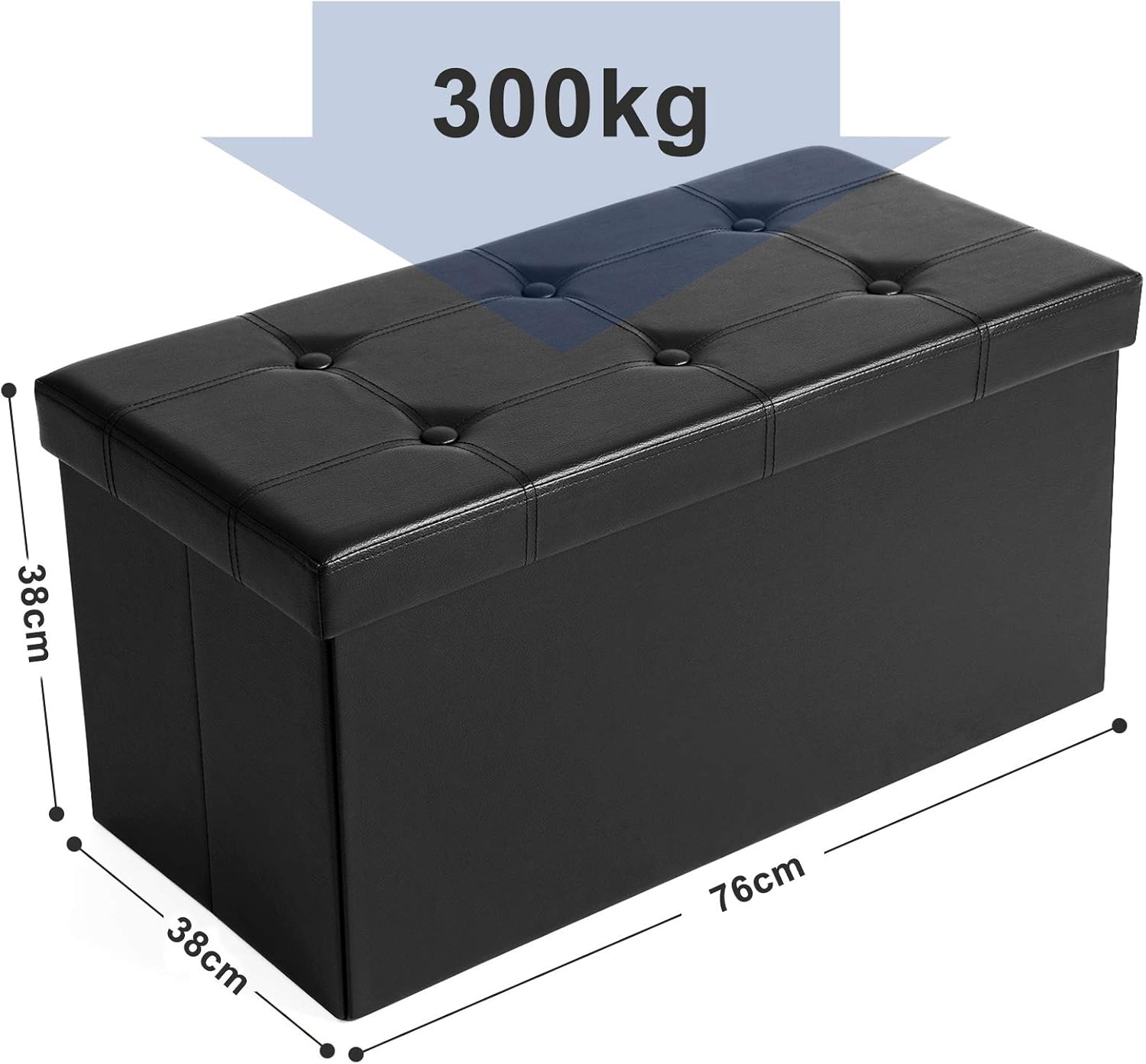 SONGMICS Taburet pliabil cu sezut moale, spatiu depozitare 80 litri, max 300kg, 76x38x38 cm, negru