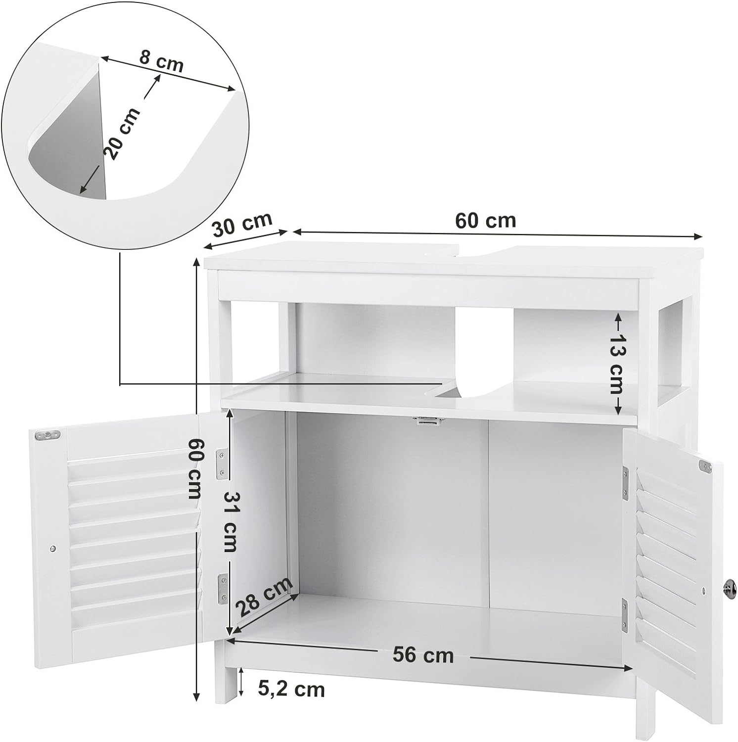VASAGLE Dulap baie baza lavoar, cu 2 usi, 2 compartimente, alb 60x60x30 cm, alb
