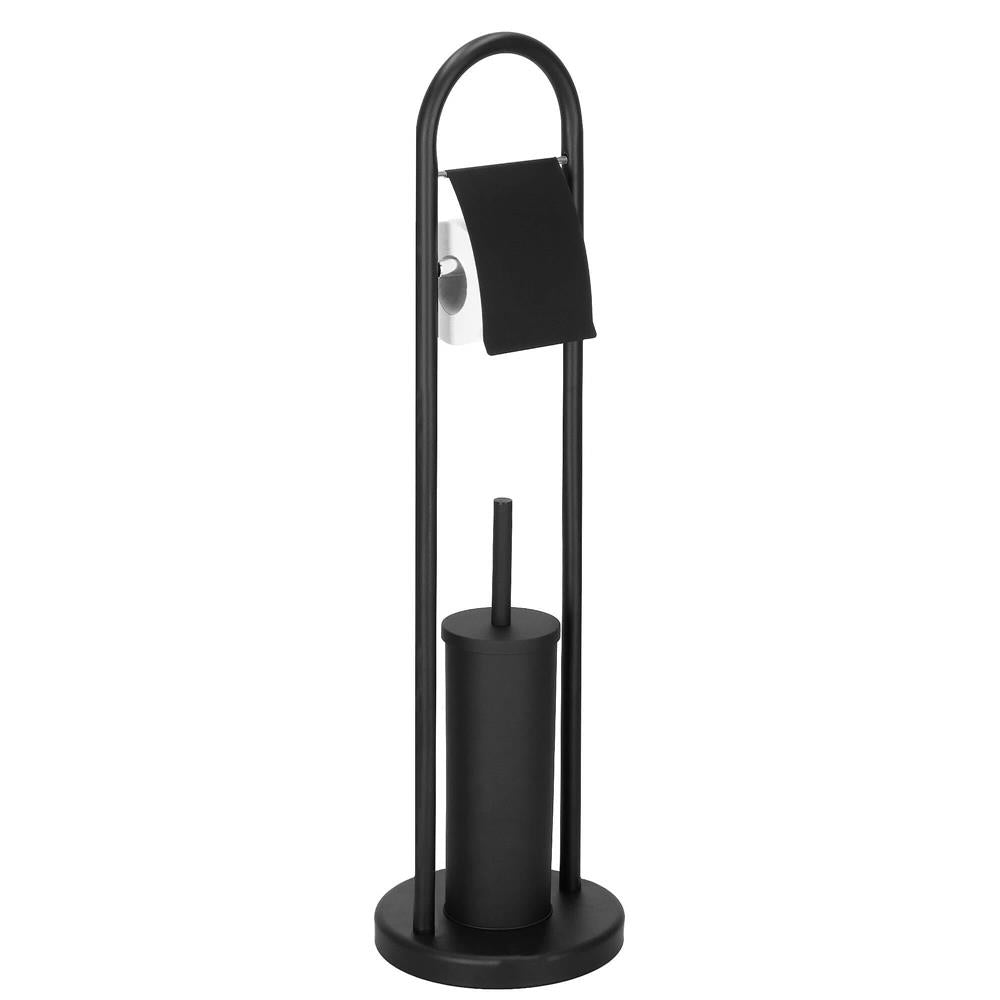 Stand cu perie WC si suport hartie igienica, metal, 80cm, negru mat
