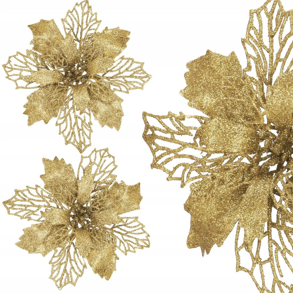Set 10 ornamente pentru bradul de Craciun, stea Poinsettia, 16cm, galben auriu