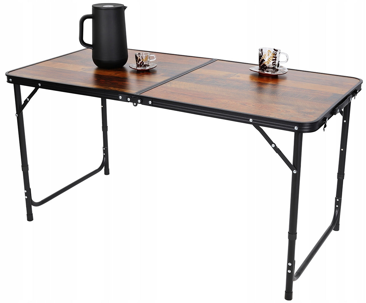 Masa camping pliabila cu cadru din aluminiu, blat MDF, 120x60cm, inaltime reglabila, maro