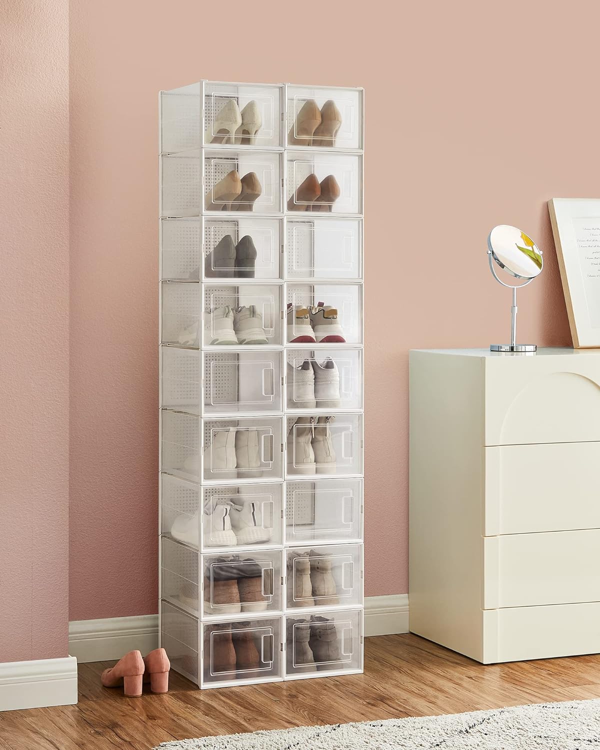 Cutii de pantofi, set de 18 organizatoare stivuibile, structura rezistenta ABS, 35x25x19cm, transparent