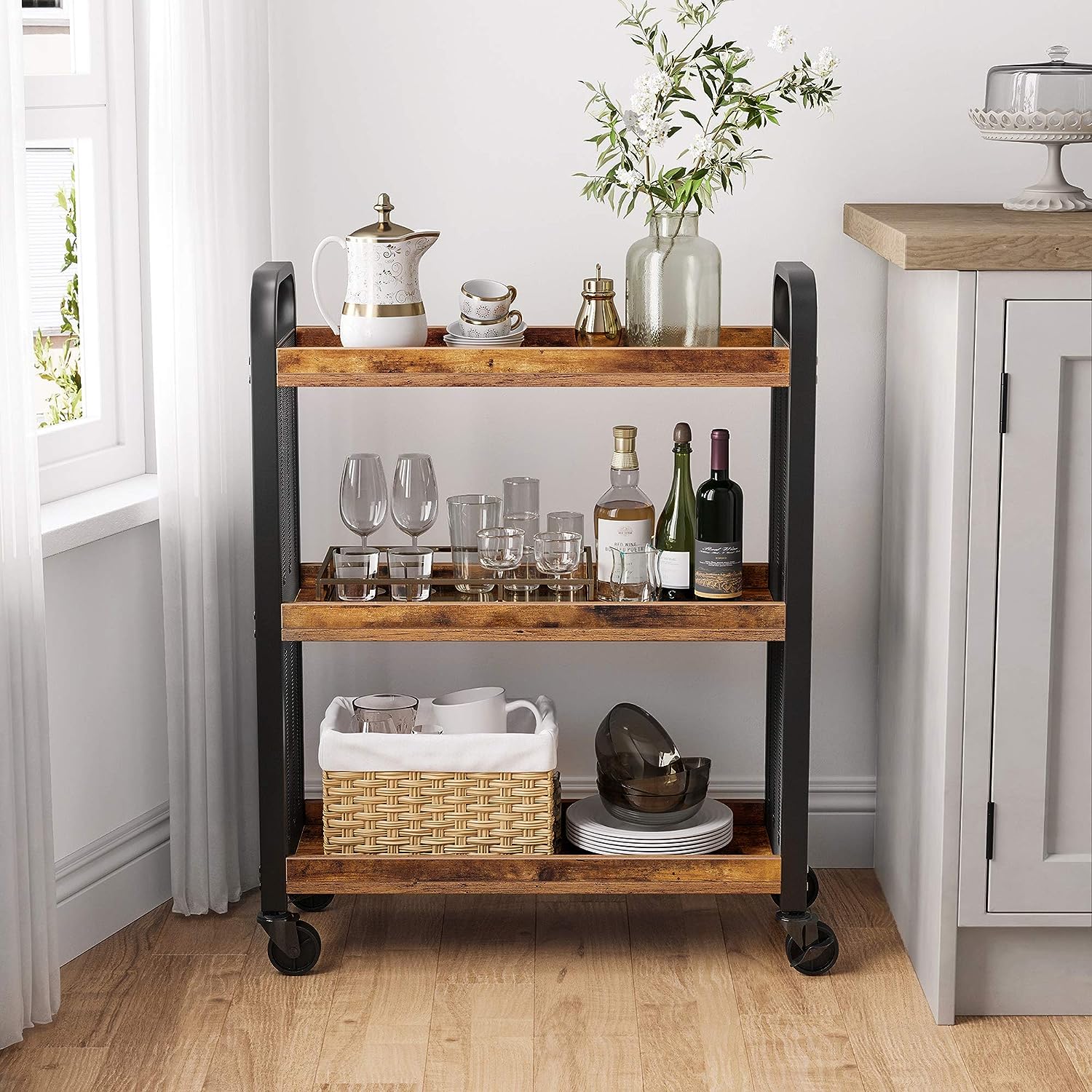 VASAGLE Carucior de servire pe roti pentru bucatarie, cu 3 polite, stil industrial, 26x66x85cm, maro rustic