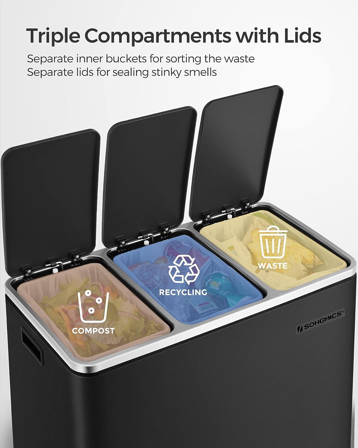 SONGMICS Cos de gunoi din inox cu 3 compartimente colectare selectiva, cu galeti interioare, 3x18litri, negru