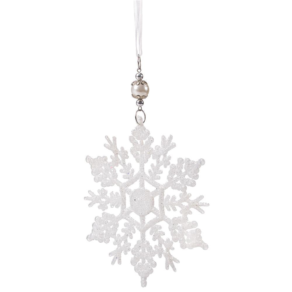 Decoratiune brad fulg de zapada, 13cm, alb cu sclipici