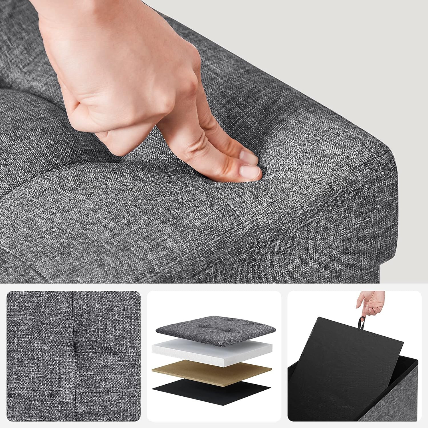 SONGMICS Taburet pliabil cu sezut moale, spatiu de depozitare 120litri, maxim 300kg, 110x38x38cm, gri