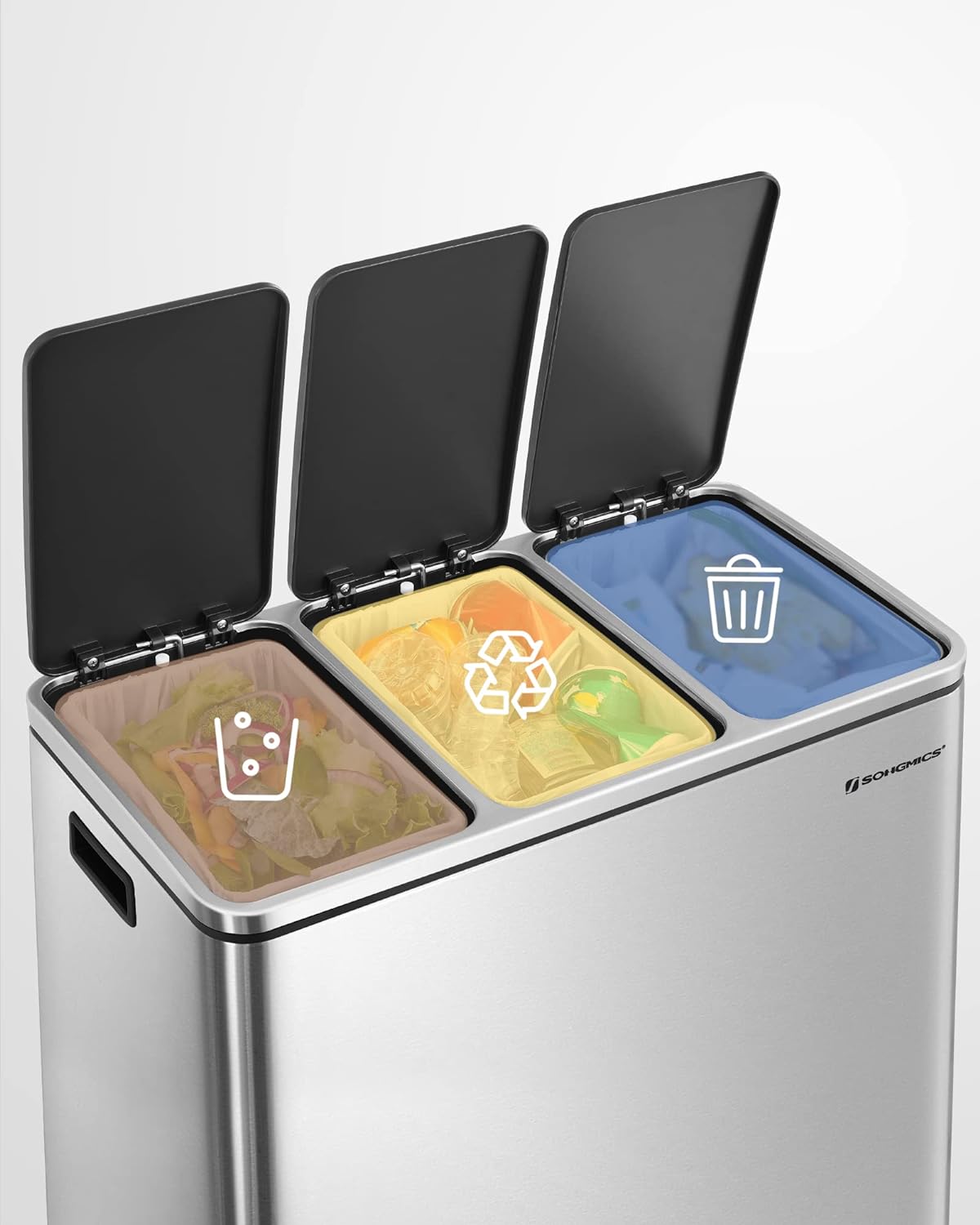 SONGMICS Cos de gunoi din inox cu 3 compartimente colectare selectiva, cu galeti interioare, 3x18litri, argintiu si negru