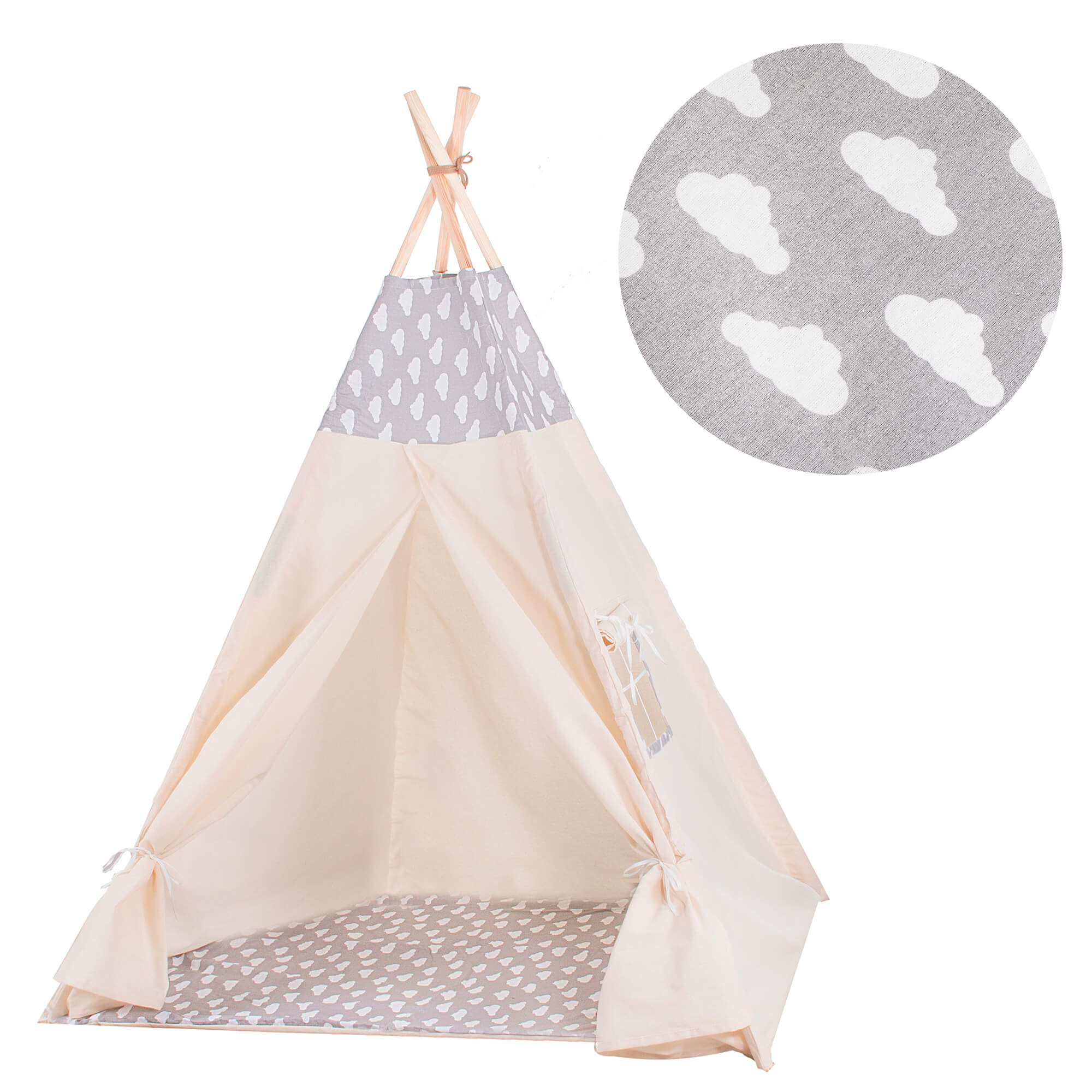 Cort copii Sersimo stil indian Teepee Tent cu fereastra, covoras gros si 2 perne, alb gri cu norisori