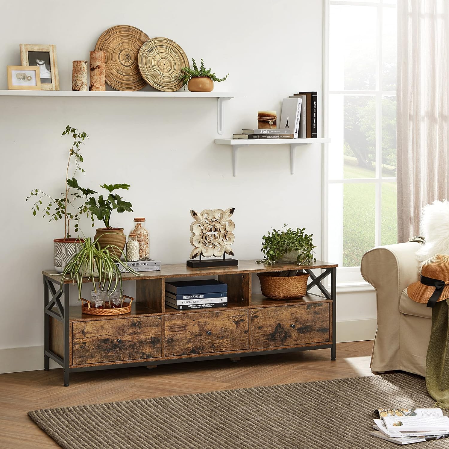 VASAGLE Comoda pentru TV de pana la 65 inch, cu 3 sertare si 3 rafturi deschise, 40x147x50cm, maro rustic si negru