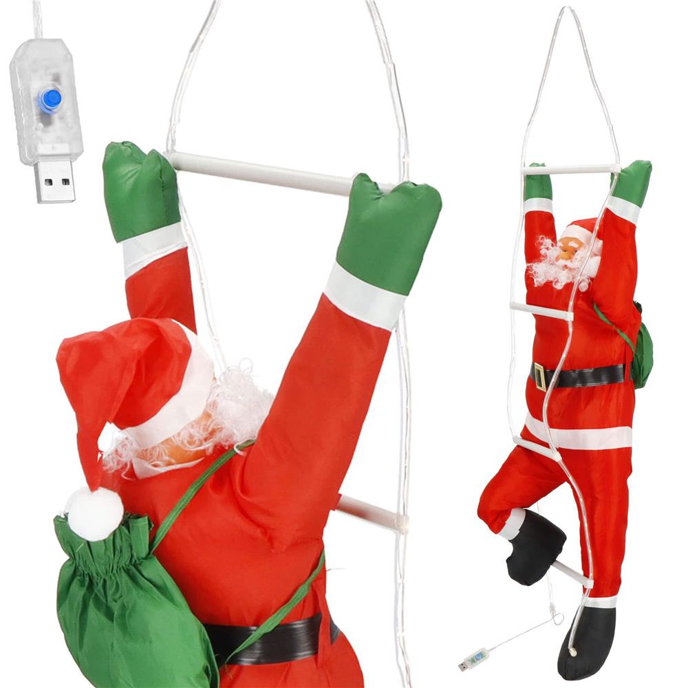 Figurina Craciun, Mos Craciun pe scara, cu iluminare LED, alimentare USB, pentru interior