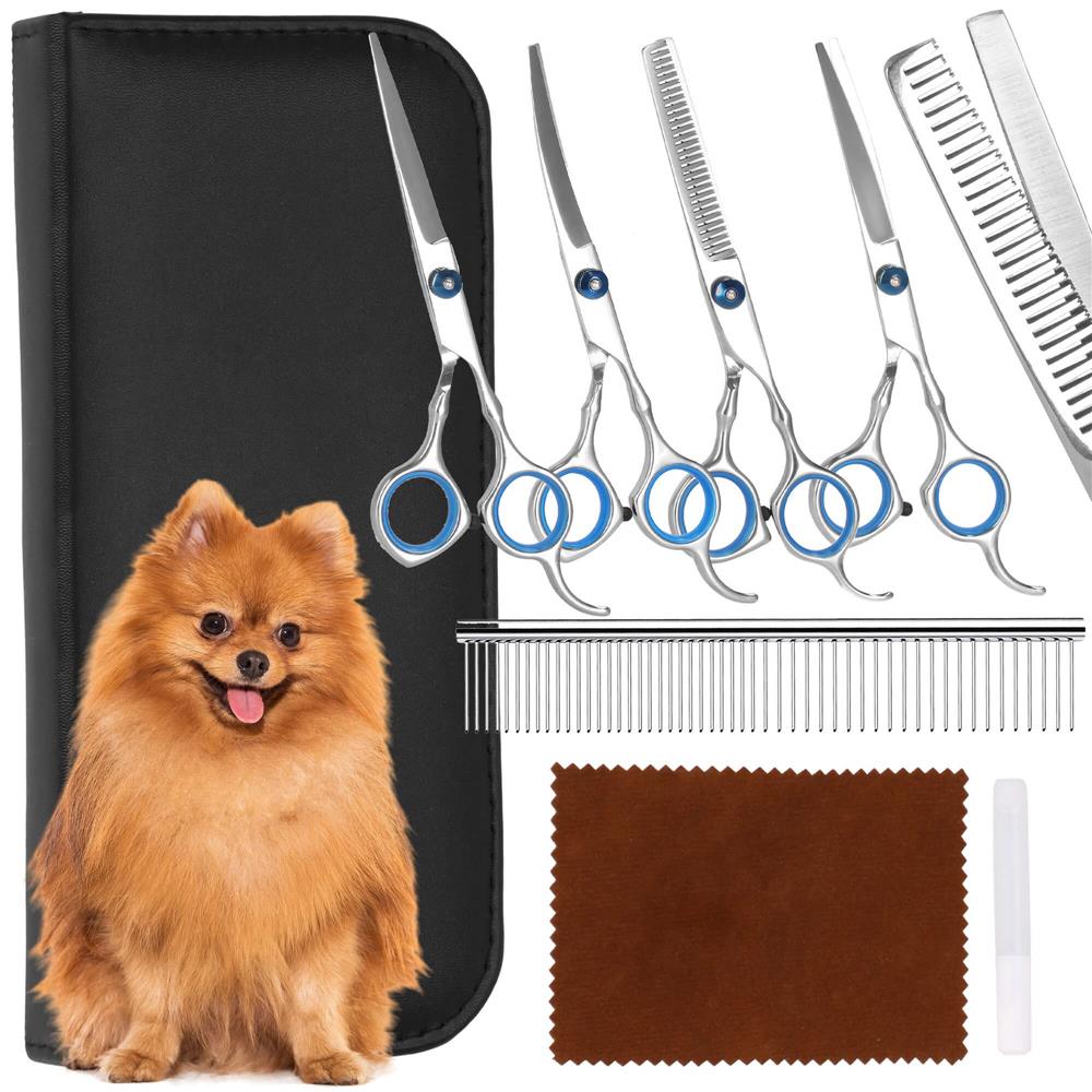 Set de ingrijire pentru animale de companie, cu 4 foarfece pentru tuns si accesorii