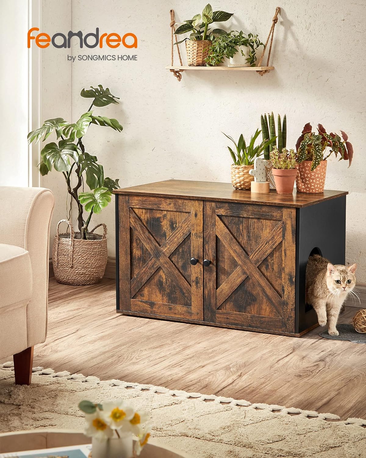 FEANDREA Cusca pentru pisici tip comoda, cu usi si perete despartitor, 80x53x50cm, maro cu negru