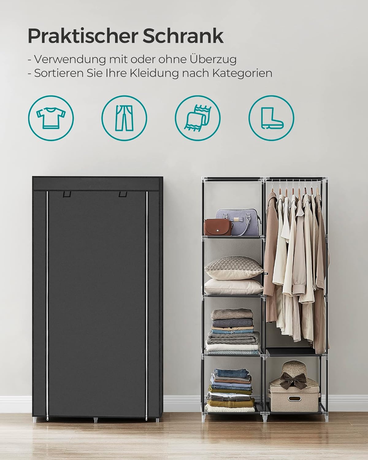 SONGMICS Garderoba pentru depozitarea hainelor, din material textil, design personalizabil, 45x88x170cm, gri