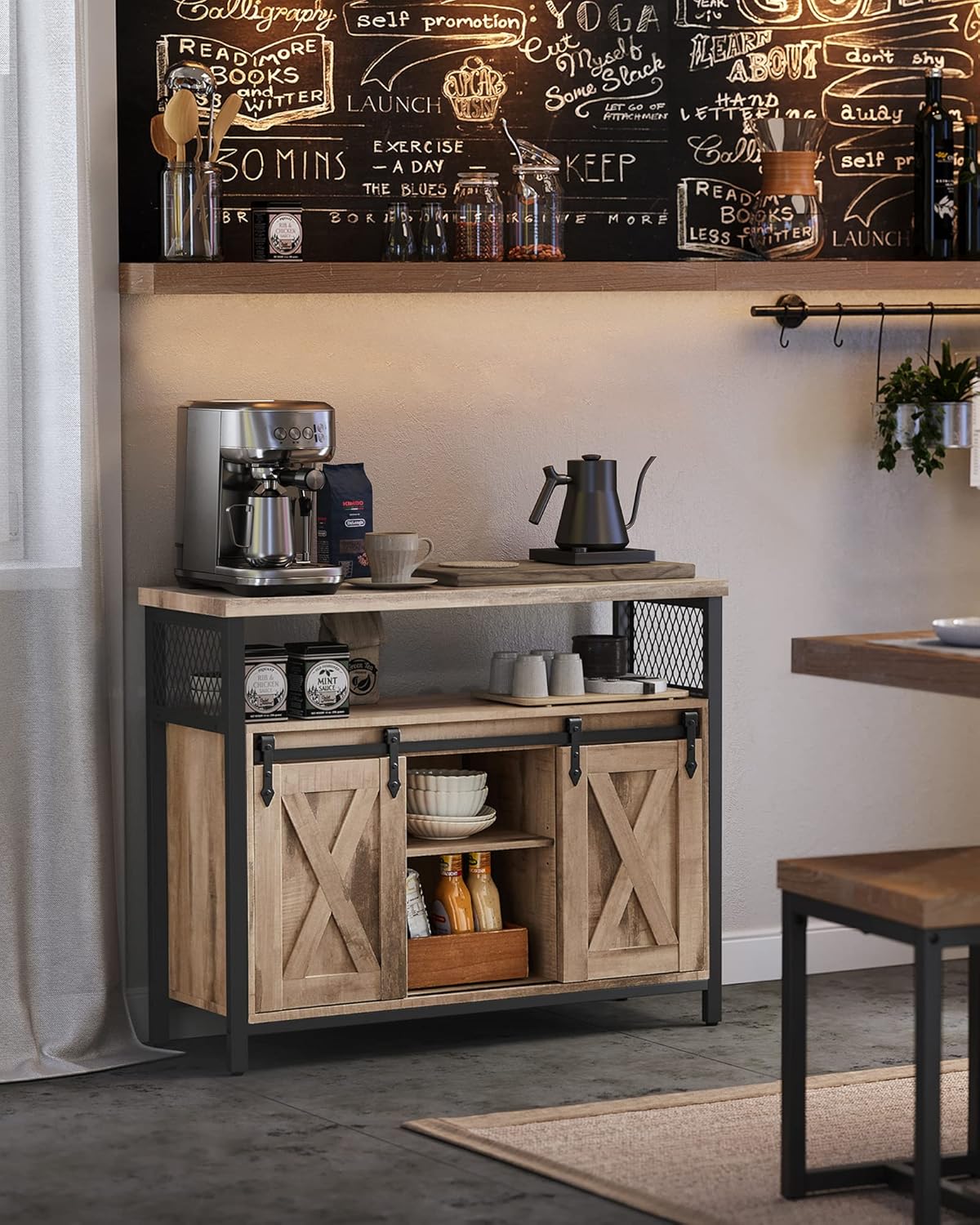 VASAGLE Comoda pentru living sau bucatarie, cu 2 usi glisante, rafturi reglabile, stil rustic, 33x100x80 cm, maro