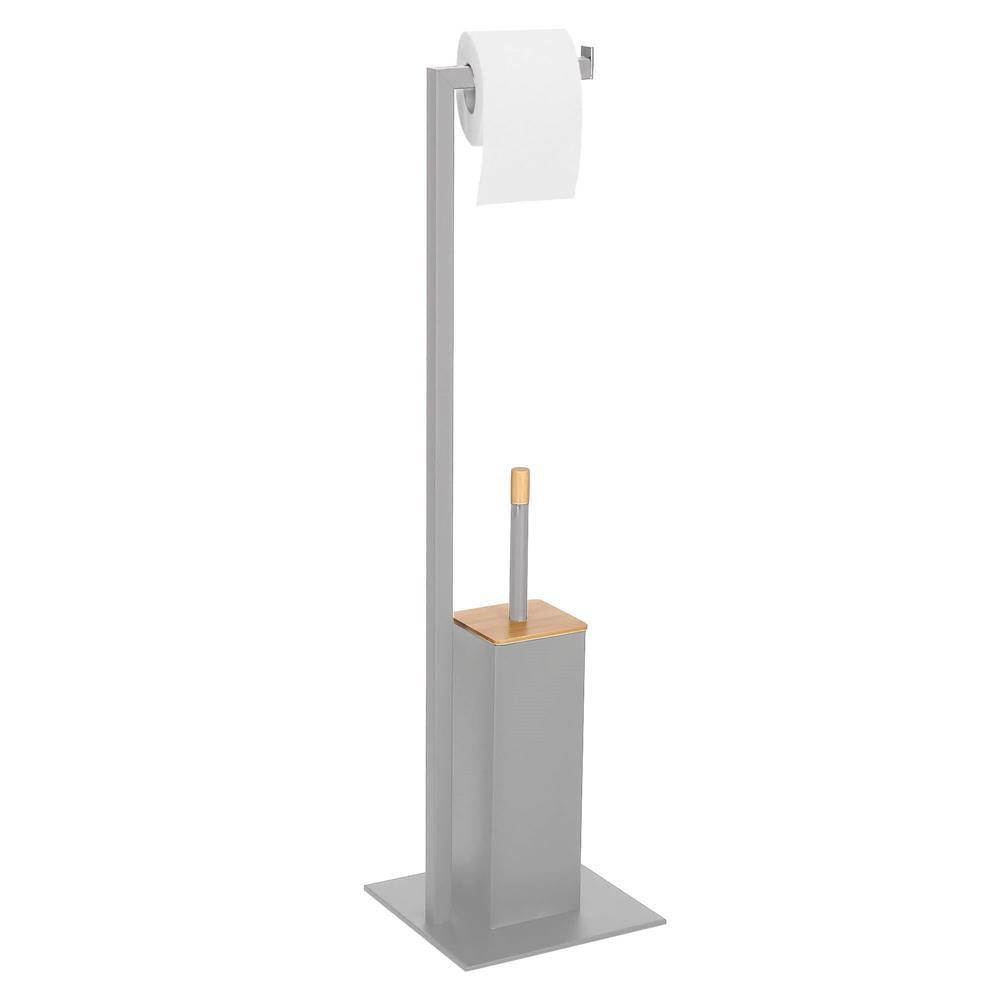 Stand cu perie WC si suport hartie igienica, metal, 79cm, gri