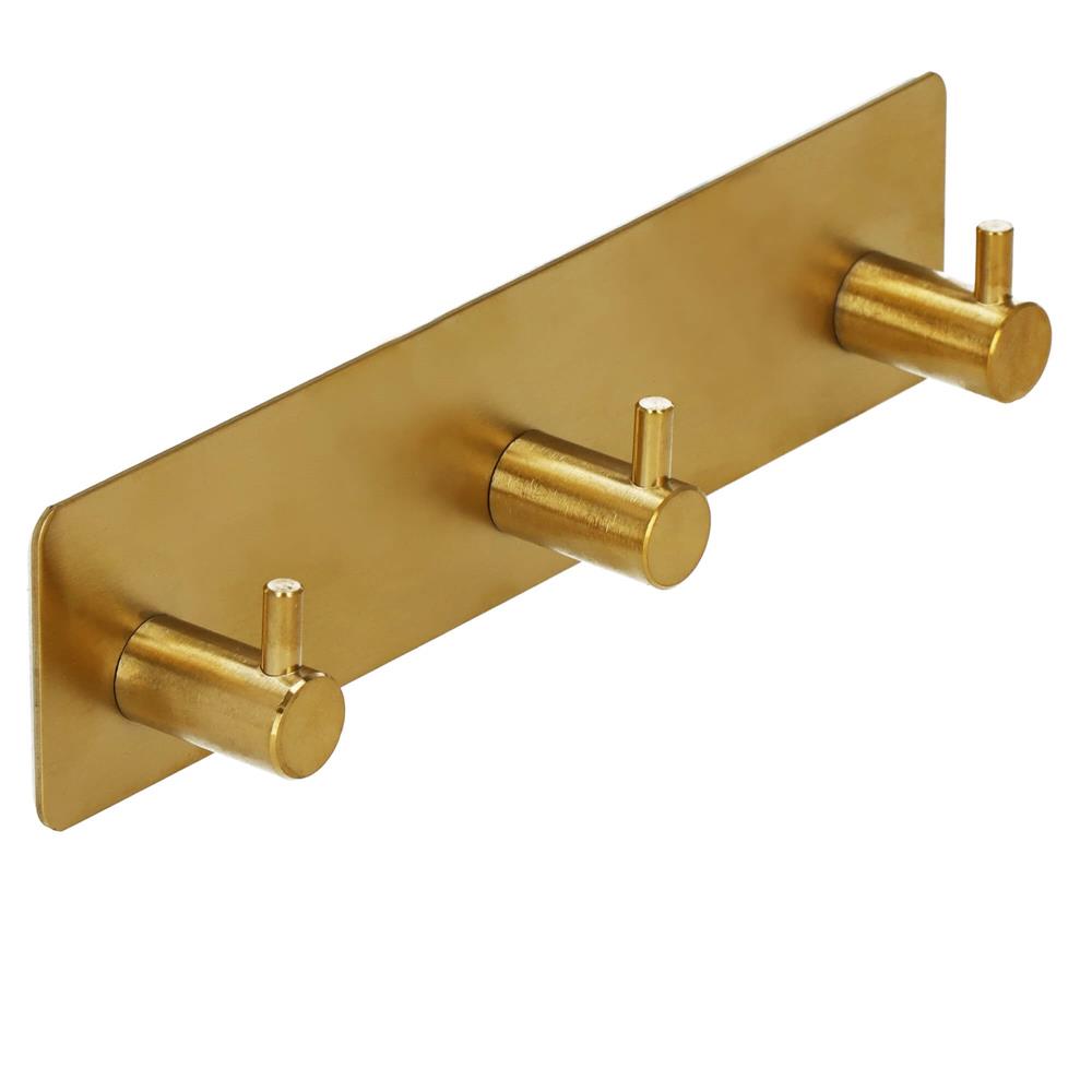 Cuier de baie pentru prosoape, montare fara gaurire, otel, 3 agatatori, 18x4.5cm, auriu