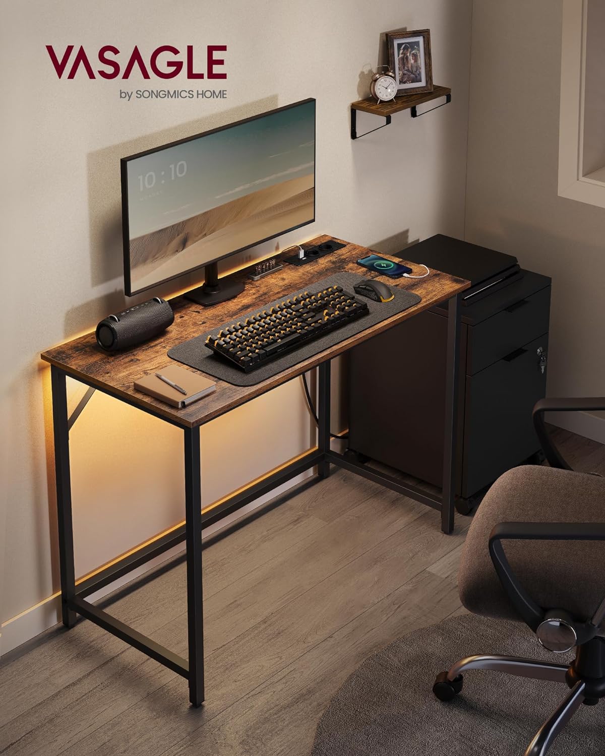 VASAGLE Birou cu iluminare LED, priza incorporata, 2 USB, 50x100x76 cm, maro rustic