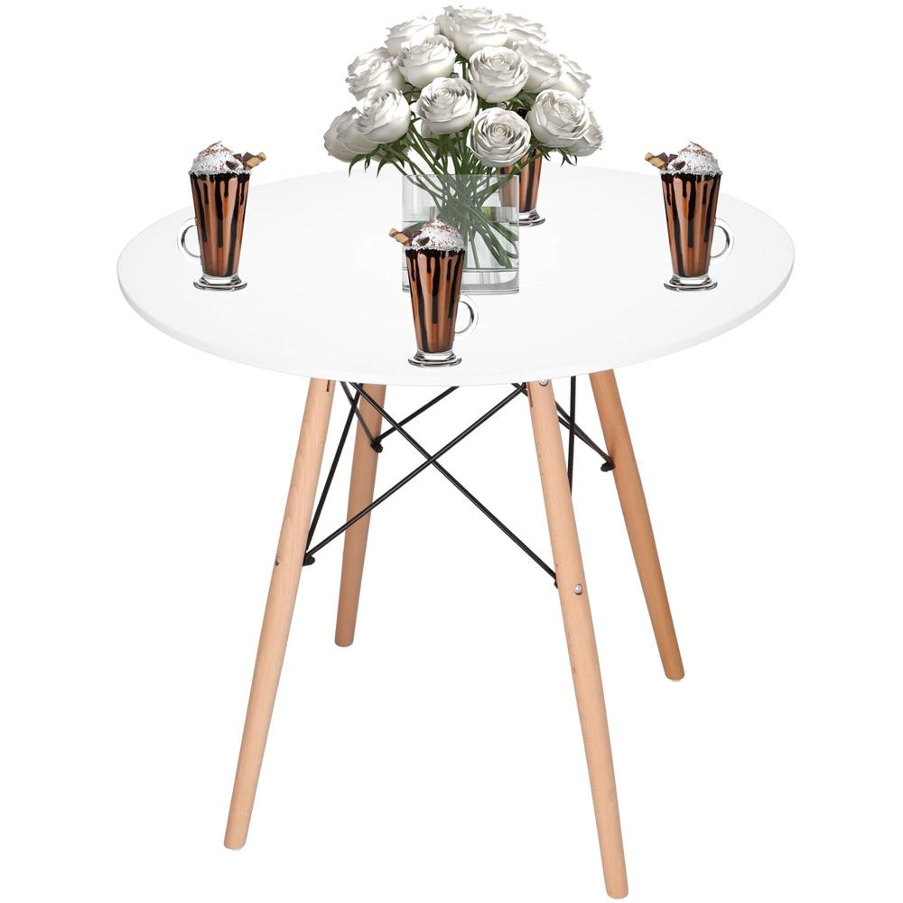 Masa dining bucatarie, rotunda, diametru 80 cm, inaltime 75 cm, Blat MDF, Picioare lemn, Alb