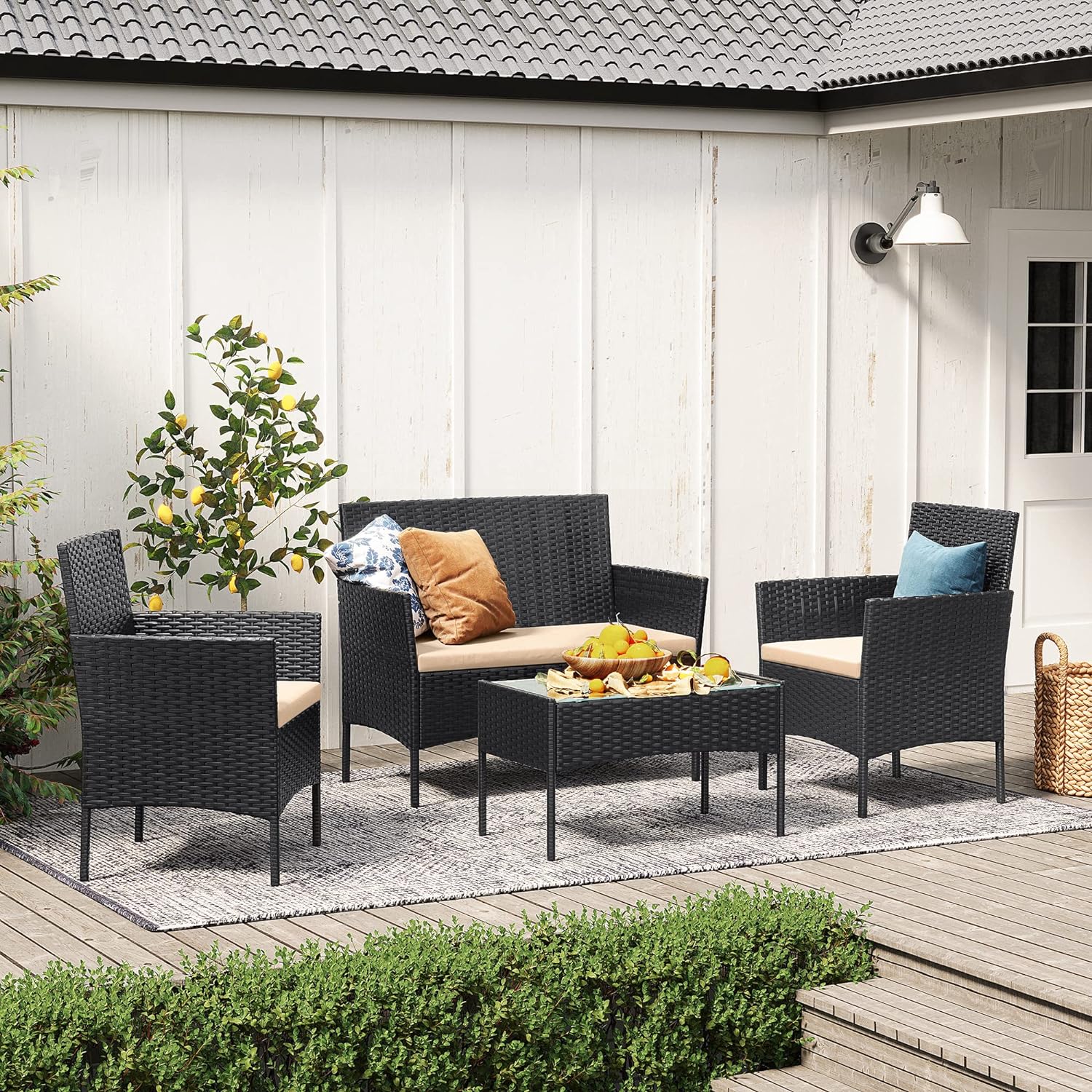 SONGMICS Set de mobilier pentru terasa sau balcon, din poliratan PE, masa, canapea si 2 scaune, negru - 3